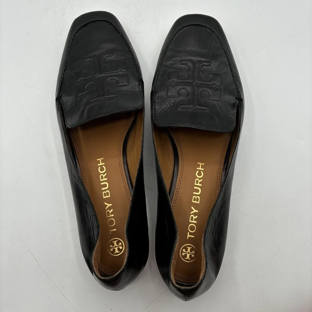 Tory Burch Ruby Loafers Women's 10 M Black Leather Chain Heel Embossed Logo